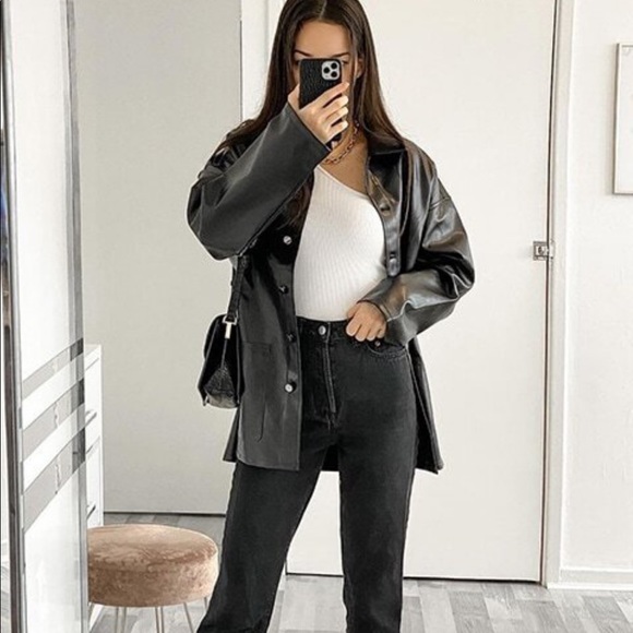 Vegan leather oversized boyfriend shacket black - Picture 2 of 6